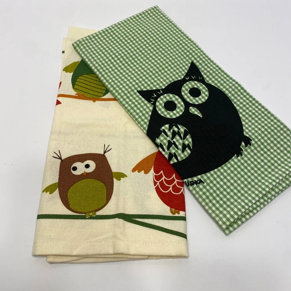Two Vintage Owl Kitchen Towels Green White Red Excellent Retro Gingham